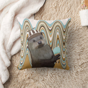 Cute Otter Holding Ice-cream On Swirl Background Throw Pillow