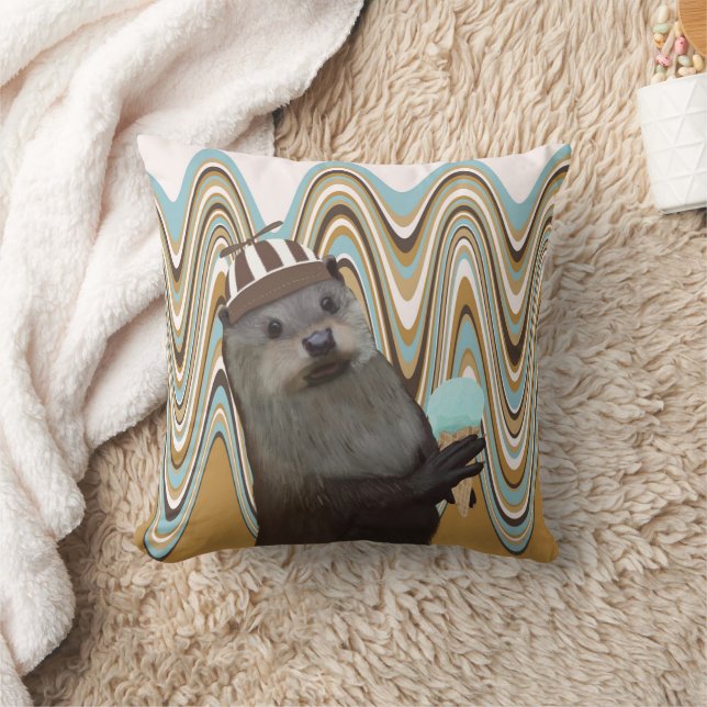 Cute Otter Holding Ice-cream On Swirl Background Throw Pillow (Blanket)