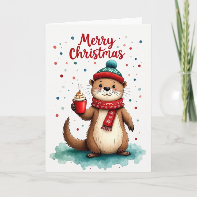 Cute Otter Hot Cocoa Merry Christmas Holiday Card (Front)