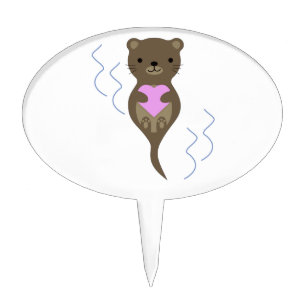 Cute Otter Hugging a Pink Heart Cake Topper