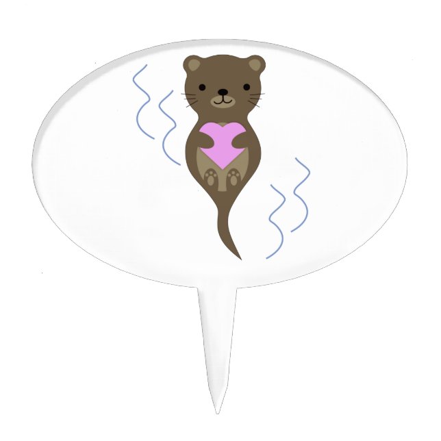 Cute Otter Hugging a Pink Heart Cake Topper (Front)