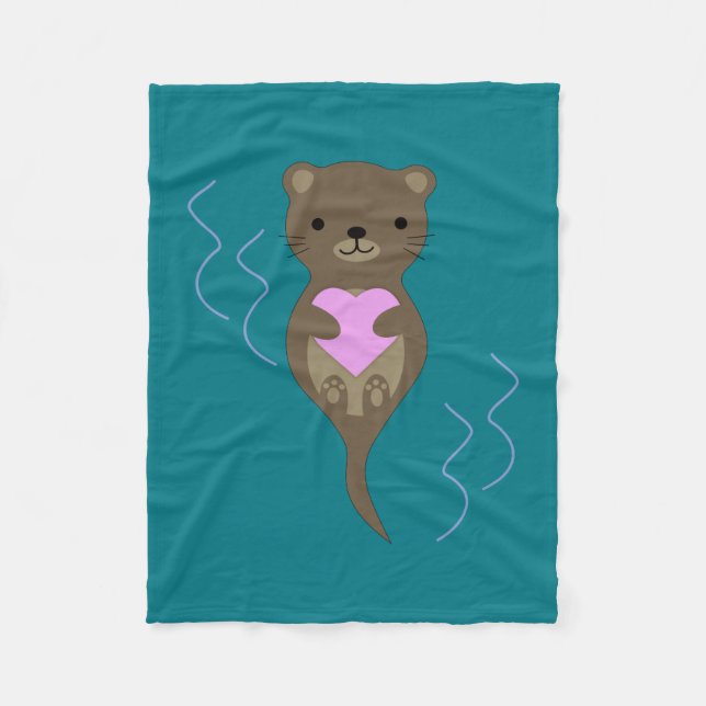 Cute Otter Hugging a Pink Heart Fleece Blanket (Front)