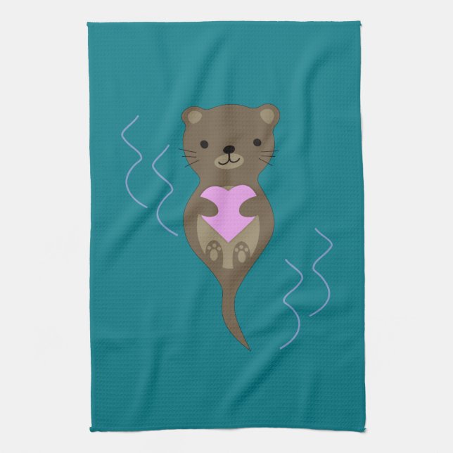 Cute Otter Hugging a Pink Heart Kitchen Towel (Vertical)