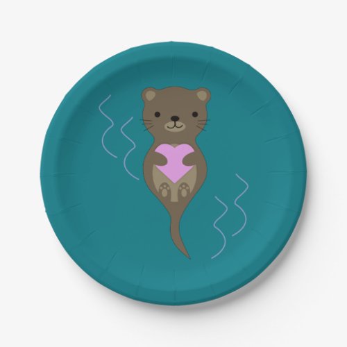 Cute Otter Hugging a Pink Heart Paper Plates