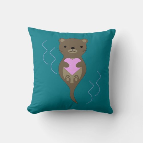 Cute Otter Hugging a Pink Heart Throw Pillow