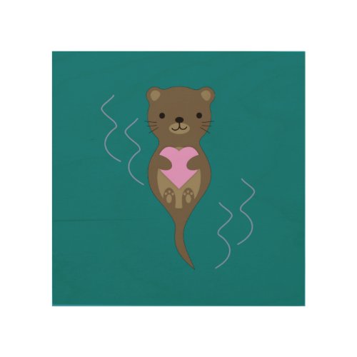 Cute Otter Hugging a Pink Heart Wood Wall Art