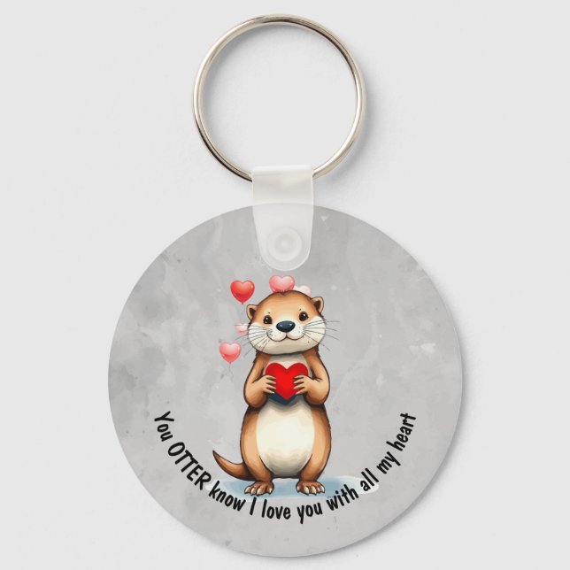 Cute Otter I love YOU with all my Heart Keychain (Front)