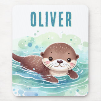 Cute Otter Illustration Custom Name Mouse Pad