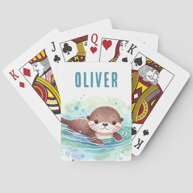 Cute Otter Illustration Custom Name Poker Cards (Back)