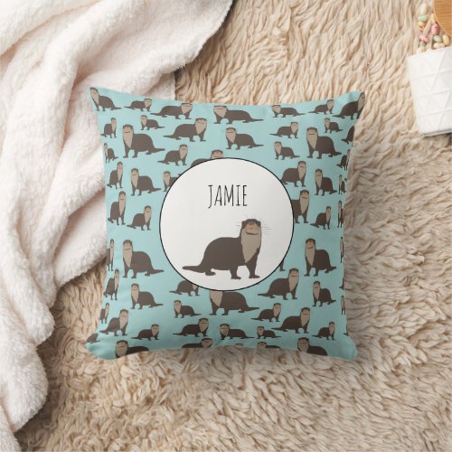 Cute Otter Illustration Pattern  Throw Pillow