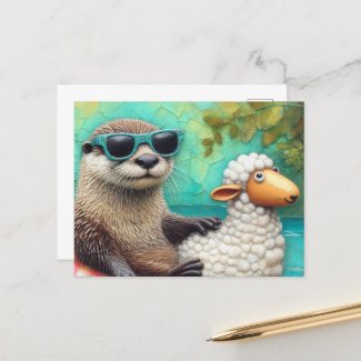Cute Otter in a Floating Sheep Floatie on a River 