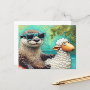 Cute Otter in a Floating Sheep Floatie on a River Postcard