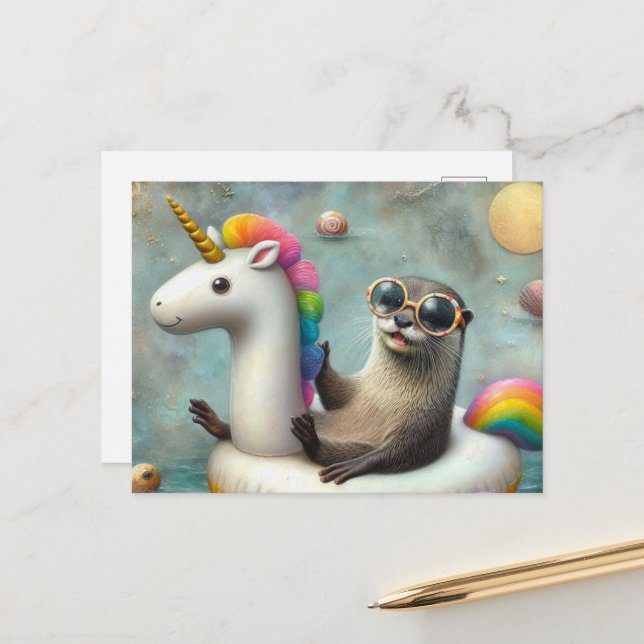 Cute Otter in a Floating Unicorn Postcard (Front/Back In Situ)