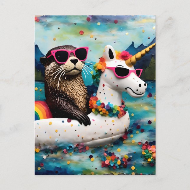 Cute Otter in a Unicorn Floatie on a Float Trip Postcard (Front)