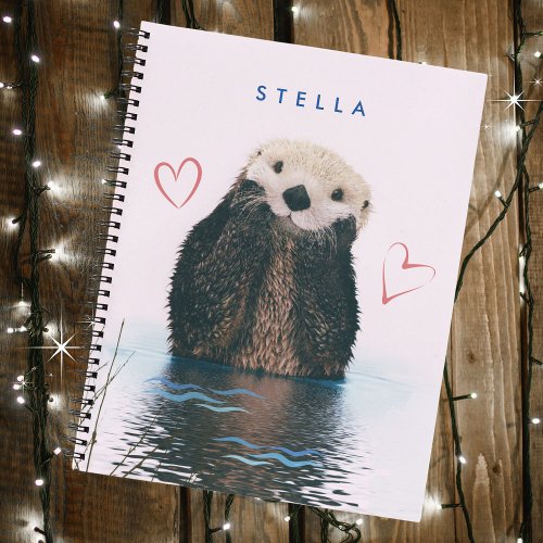 Cute Otter in Pond with Pink Background and Hearts Notebook