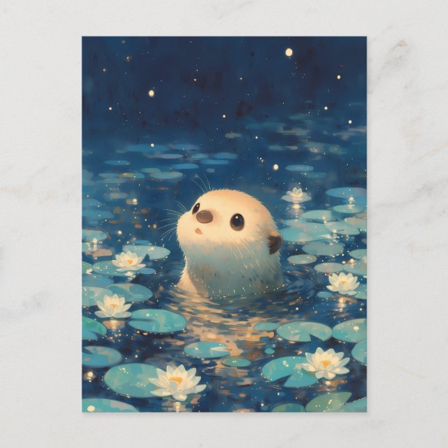 Cute Otter in Starry Night Lily Pond Postcard (Front)