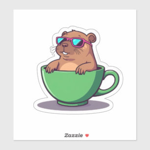 Cute Otter in Teacup Wearing Sunglasses Cartoon Sticker