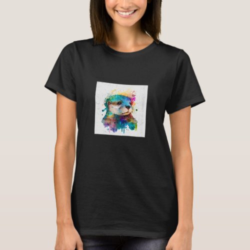 Cute Otter Paint Splatter Illustration Colorful Wa T_Shirt