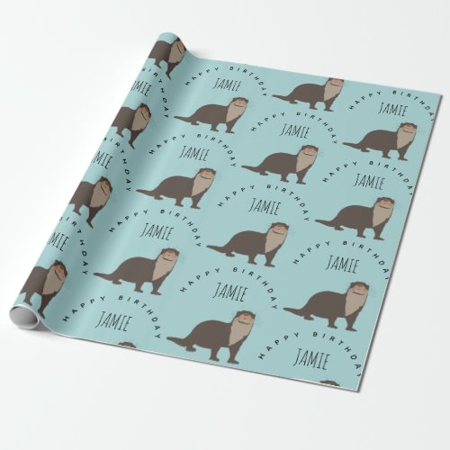 Cute Otter Pattern Custom Name Birthday Wrapping Paper