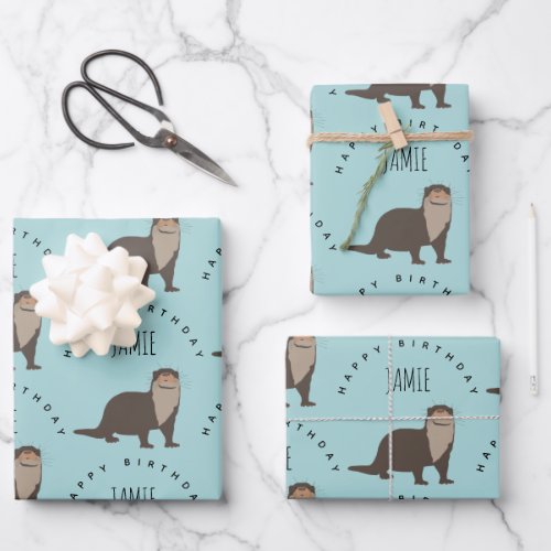 Cute Otter Pattern Custom Name Birthday Wrapping Paper Sheets