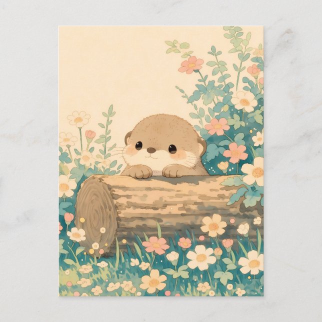 Cute Otter Peeking Over Log in Meadow Postcard (Front)