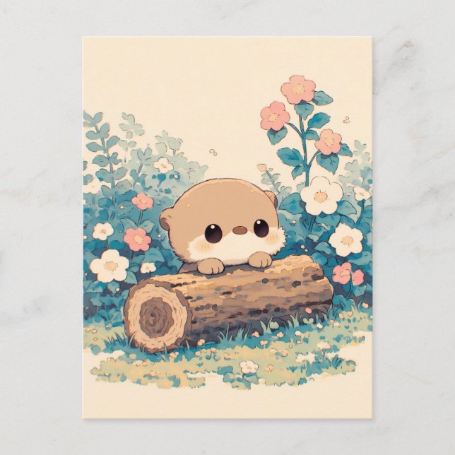 Cute Otter Peeking Over Log in Meadow Postcard (Front)