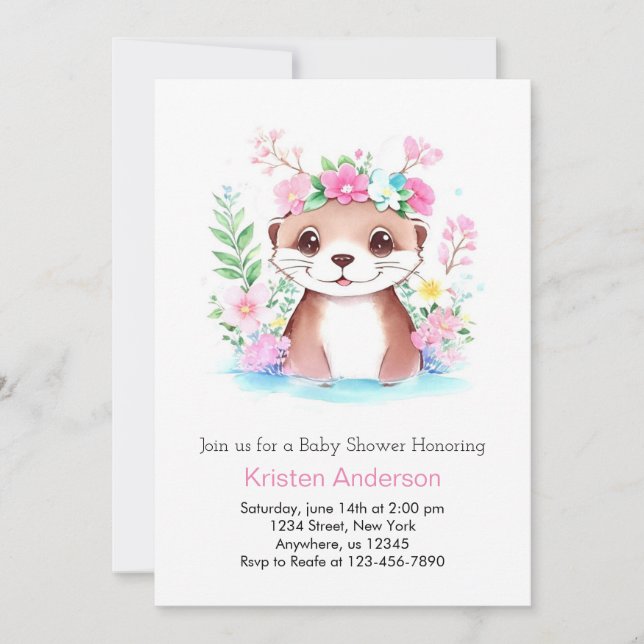 Cute Otter Pink Meadow Adventure Girl Baby Shower Invitation (Front)