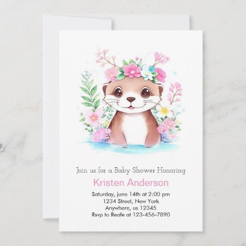 Cute Otter Pink Meadow Adventure Girl Baby Shower Invitation