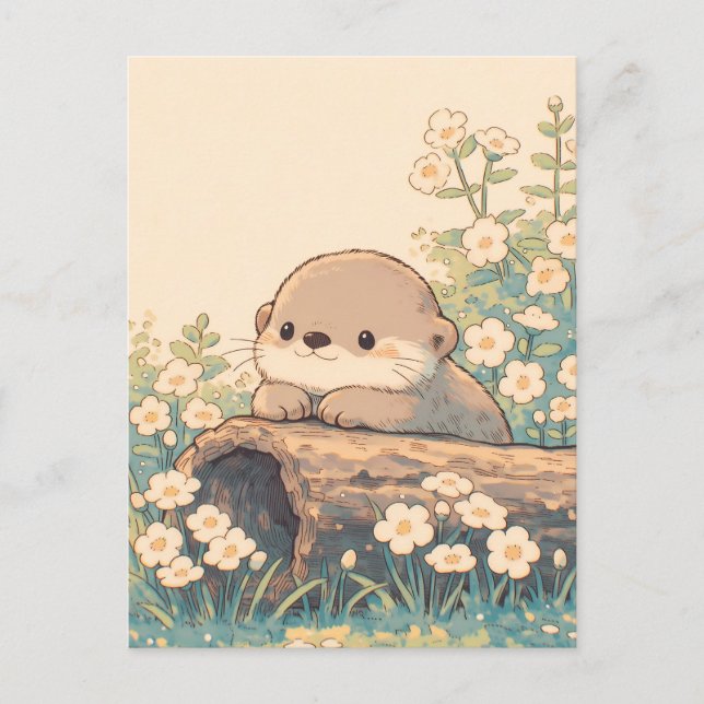 Cute Otter Resting on Log in Flower Meadow Postcard (Front)
