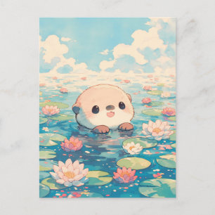 Cute Otter Swimming in Water Lily Pond Postcard