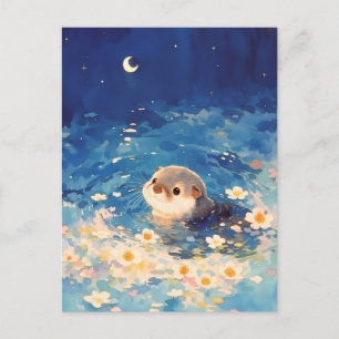 Cute Otter Swimming Under Crescent Moon Postcard