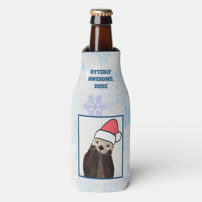Cute Otter Wearing a Santa Hat Christmas Bottle Cooler (Bottle Front)