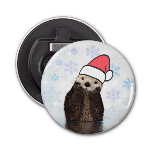 Cute Otter Wearing a Santa Hat Christmas Bottle Opener