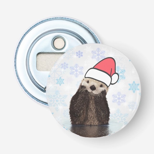 Cute Otter Wearing a Santa Hat Christmas Bottle Opener (Front)