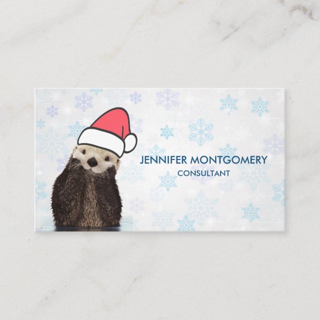 Cute Otter Wearing a Santa Hat Christmas Business Card (Front)