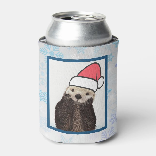 Cute Otter Wearing a Santa Hat Christmas Can Cooler (Can Front)
