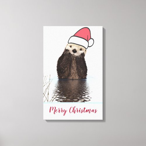 Cute Otter Wearing a Santa Hat Christmas Canvas Print