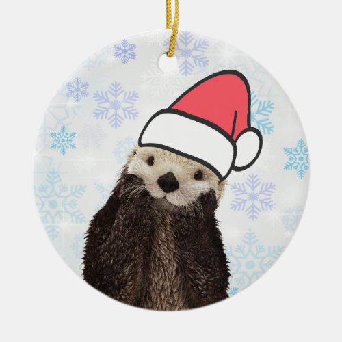 Cute Otter Wearing a Santa Hat Christmas Ceramic Ornament