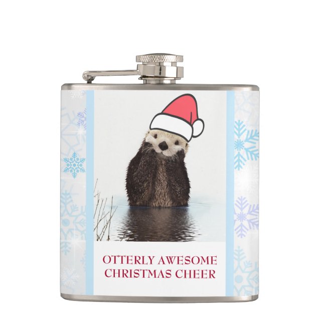 Cute Otter Wearing a Santa Hat Christmas Flask (Front)