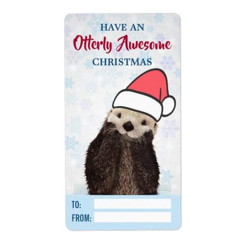 Cute Otter Wearing a Santa Hat Christmas Gift Label
