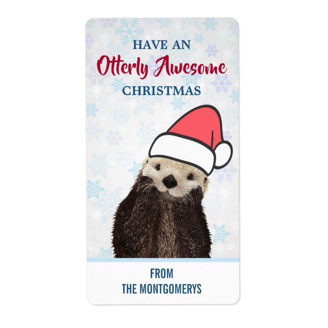 Cute Otter Wearing a Santa Hat Christmas Gift Label (Front)