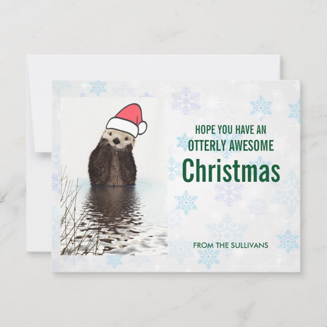 Cute Otter Wearing a Santa Hat Christmas Greeting Holiday Card (Front)