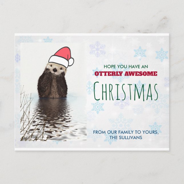 Cute Otter Wearing a Santa Hat Christmas Greeting Postcard (Front)