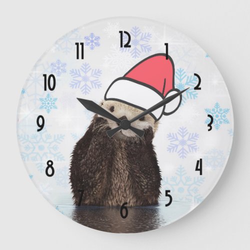 Cute Otter Wearing a Santa Hat Christmas Large Clock