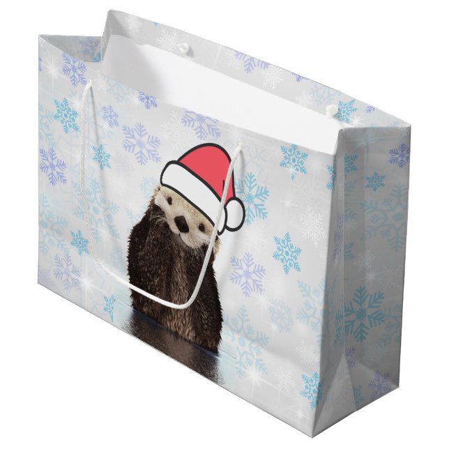 Cute Otter Wearing a Santa Hat Christmas Large Gift Bag (Front Angled)