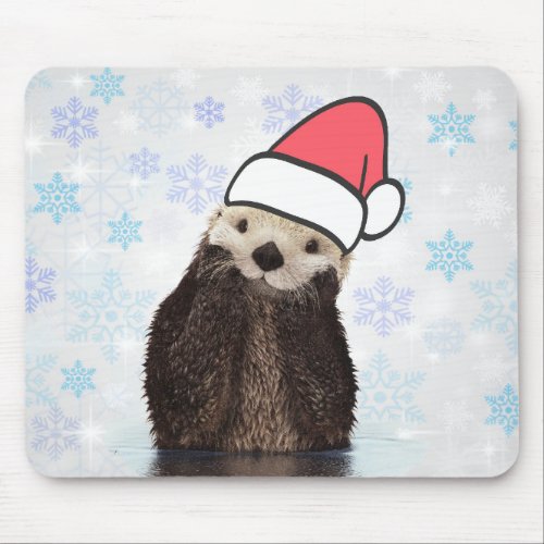 Cute Otter Wearing a Santa Hat Christmas Mouse Pad