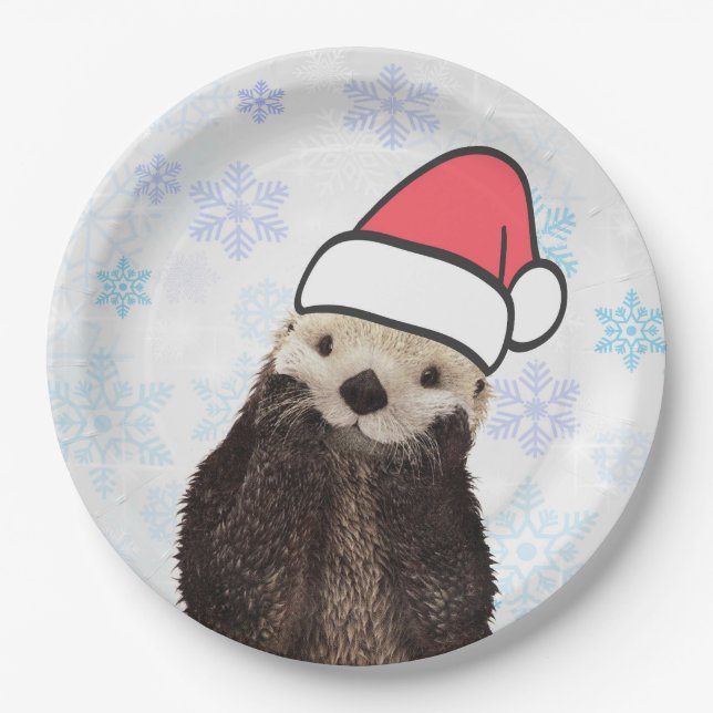 Cute Otter Wearing a Santa Hat Christmas Paper Plates (Front)