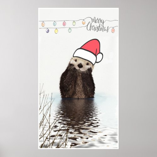 Cute Otter Wearing a Santa Hat Christmas Poster