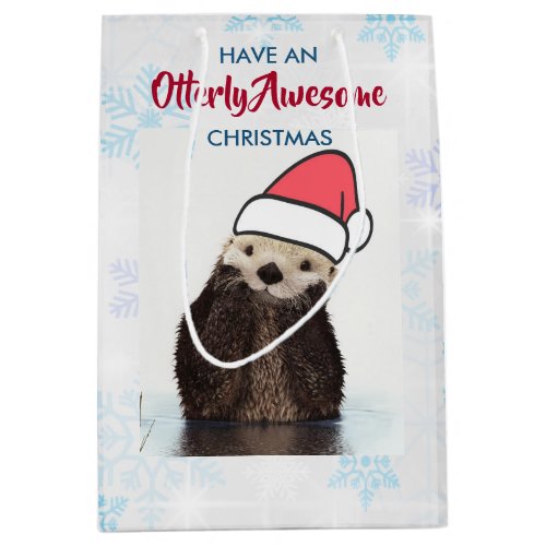 Cute Otter Wearing a Santa Hat Christmas Pun Medium Gift Bag