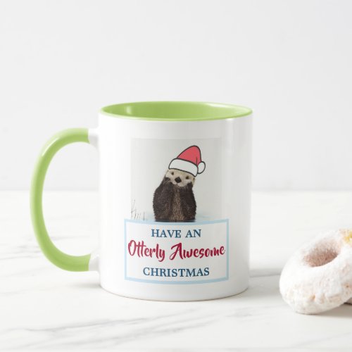 Cute Otter Wearing a Santa Hat Christmas Pun Mug